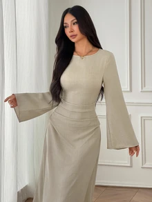 SHEIN PETITE Apricot Long-Sleeved Maxi Dress With Flared Sleeves For Petite Women (Autumn/Winter) - Apricot - View 3