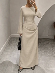 SHEIN PETITE Apricot Long-Sleeved Maxi Dress With Flared Sleeves For Petite Women (Autumn/Winter) - Apricot - View 9
