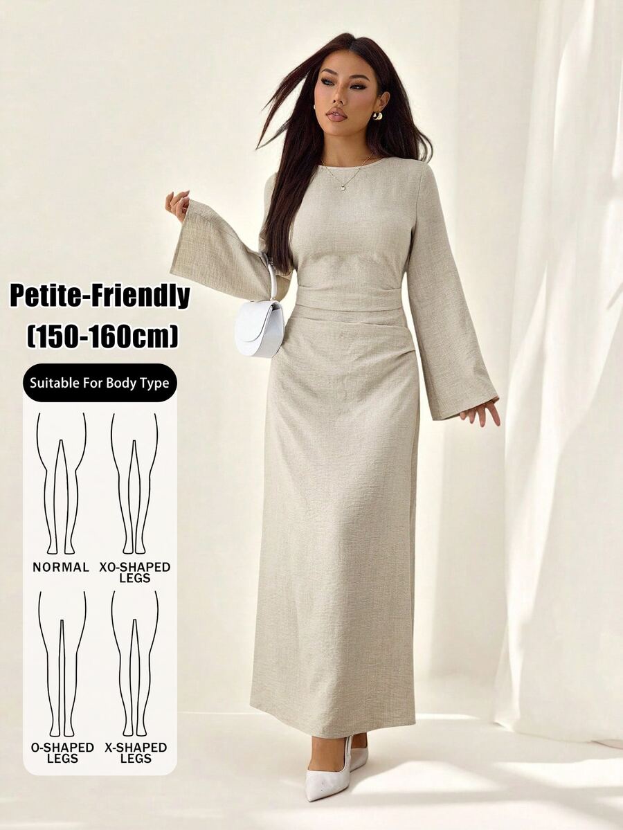SHEIN PETITE Apricot Long-Sleeved Maxi Dress With Flared Sleeves For Petite Women (Autumn/Winter) - Apricot - View 1