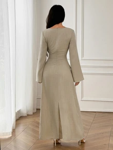 SHEIN PETITE Apricot Long-Sleeved Maxi Dress With Flared Sleeves For Petite Women (Autumn/Winter) - Apricot - View 2