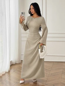 SHEIN PETITE Apricot Long-Sleeved Maxi Dress With Flared Sleeves For Petite Women (Autumn/Winter) - Apricot - View 10