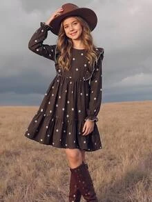 SHEIN Tween Girl Floral Print Round Neck Pleated Casual Party Dress - Brown - View 2