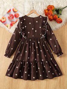 SHEIN Tween Girl Floral Print Round Neck Pleated Casual Party Dress - Brown - View 3
