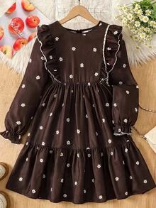 SHEIN Tween Girl Floral Print Round Neck Pleated Casual Party Dress - Brown - View 1