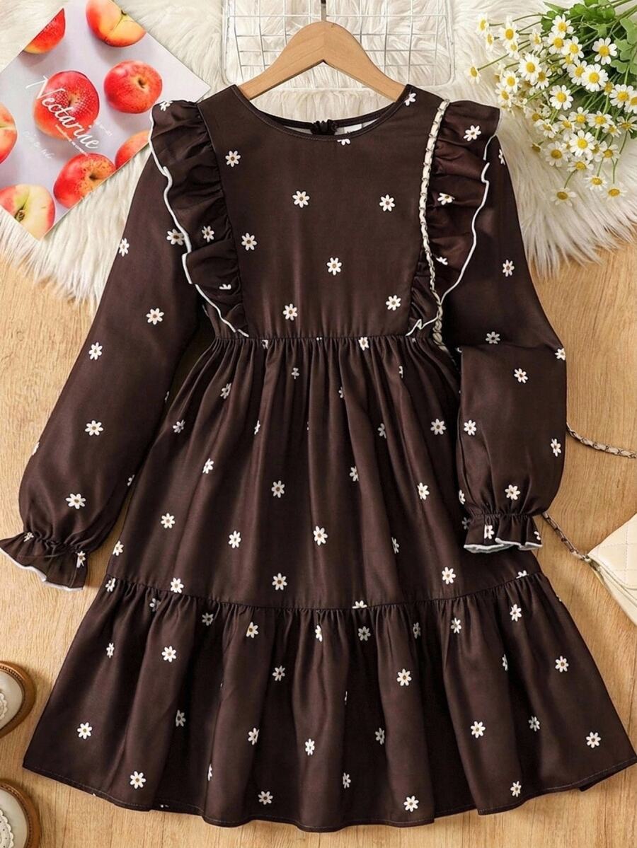 SHEIN Tween Girl Floral Print Round Neck Pleated Casual Party Dress - Brown - View 1