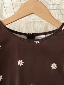 SHEIN Tween Girl Floral Print Round Neck Pleated Casual Party Dress - Brown - View 6