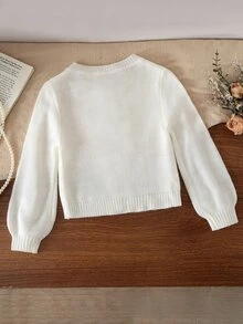 SHEIN 女童白色針織毛衣，蝴蝶結裝飾，可愛休閒，柔軟舒適百搭，適合居家、派對、度假場合 - 白色 - 查看 4