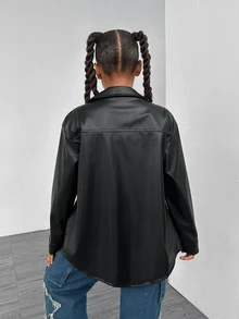 SHEIN 青少年女孩黑色PU皮革夾克外套，附腰帶翻蓋口袋襯衫式外套 - 黑色 - 查看 2