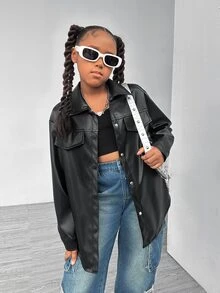 SHEIN 青少年女孩黑色PU皮革夾克外套，附腰帶翻蓋口袋襯衫式外套 - 黑色 - 查看 7