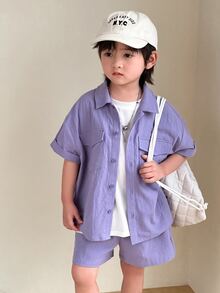 SHEIN 2 件套年轻男孩紫色可爱字母印花短袖上衣和纯色短袖衬衫和短裤套装，适合春夏季、派对 - 紫色 - 查看 3