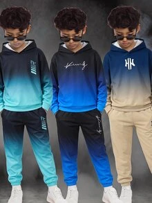 SHEIN 2件組兒童青少年男孩字母圖案寬鬆休閒運動連帽衛衣套裝，舒適長袖，適合秋冬穿著 - 黑色 - 查看 3