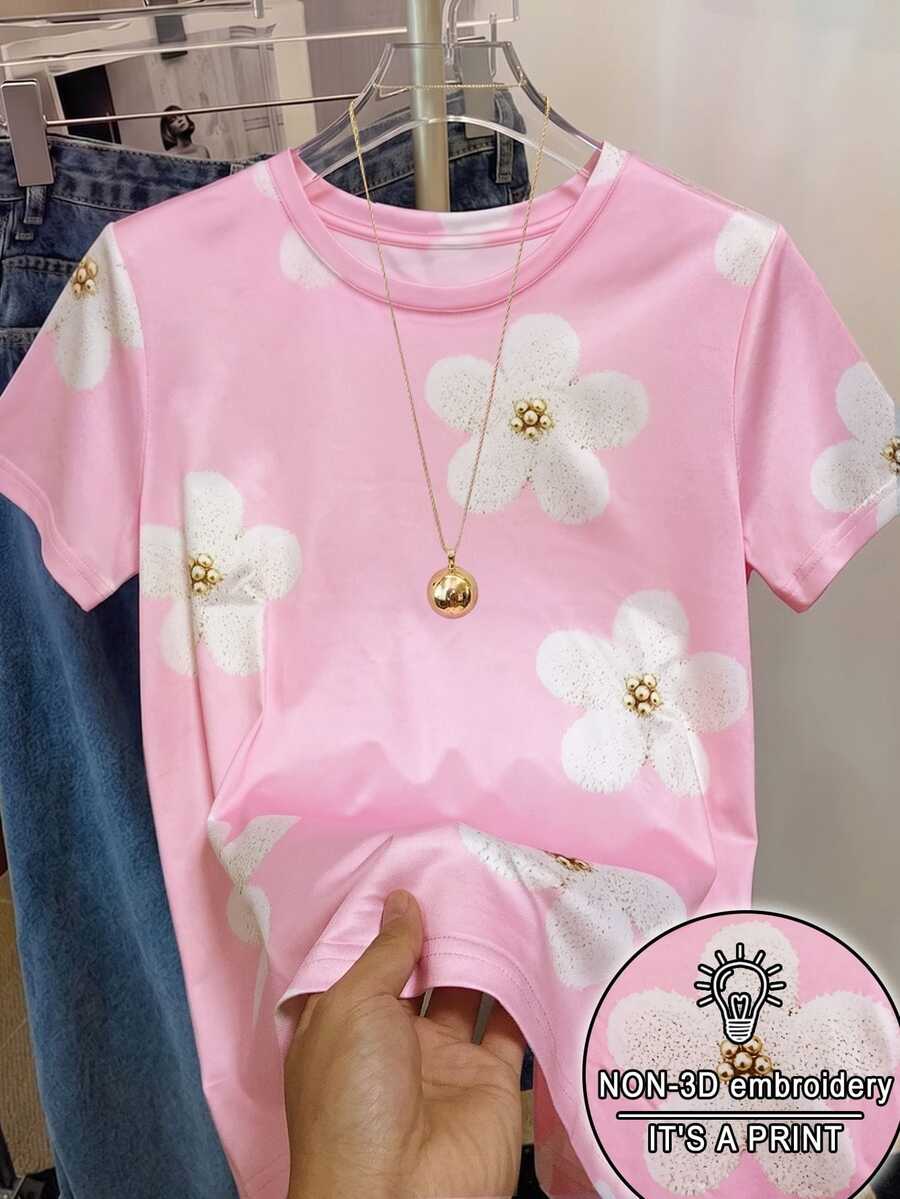 SHEIN 女款全滿花卉印花休閒可愛T恤,花卉圖案Y2K街頭風,返校季上衣,度假休閒早午餐粉色花卉夏季款 - 彩色 - 查看 1