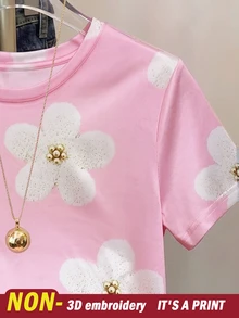 SHEIN 女款全滿花卉印花休閒可愛T恤，花卉圖案Y2K街頭風，返校季上衣，度假休閒早午餐粉色花卉夏季款 - 彩色 - 查看 3