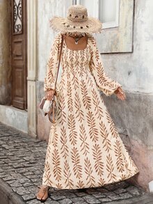 Brillora Leaf Print Square Neck Smocked Bodice Lantern Sleeve Dress,Brown,Vacation,Boho Elegant,Winter Outfit,Western,Vintage,Halloween - Khaki - View 5