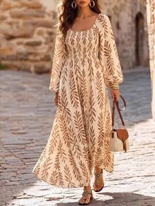 Brillora Leaf Print Square Neck Smocked Bodice Lantern Sleeve Dress,Brown,Vacation,Boho Elegant,Winter Outfit,Western,Vintage,Halloween - Khaki - View 2