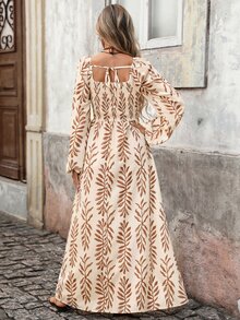 Brillora Leaf Print Square Neck Smocked Bodice Lantern Sleeve Dress,Brown,Vacation,Boho Elegant,Winter Outfit,Western,Vintage,Halloween - Khaki - View 4