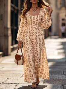 Brillora Leaf Print Square Neck Smocked Bodice Lantern Sleeve Dress,Brown,Vacation,Boho Elegant,Winter Outfit,Western,Vintage,Halloween - Khaki - View 8