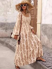 Brillora Leaf Print Square Neck Smocked Bodice Lantern Sleeve Dress,Brown,Vacation,Boho Elegant,Winter Outfit,Western,Vintage,Halloween - Khaki - View 3