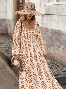 Brillora Leaf Print Square Neck Smocked Bodice Lantern Sleeve Dress,Brown,Vacation,Boho Elegant,Winter Outfit,Western,Vintage,Halloween - Khaki - View 7