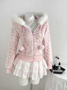 Elamini Allover Print Fuzzy Trim Hooded Jacket - Pink - View 8