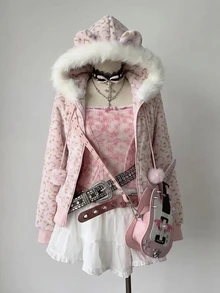 Elamini Allover Print Fuzzy Trim Hooded Jacket - Pink - View 4