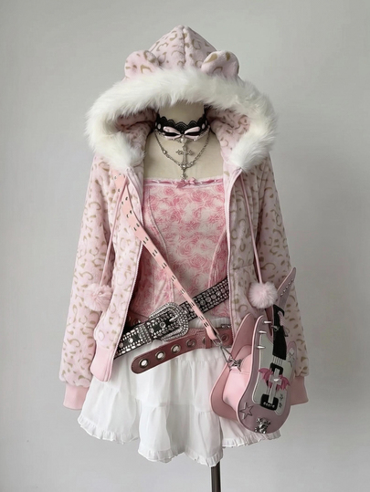 Elamini Allover Print Fuzzy Trim Hooded Jacket