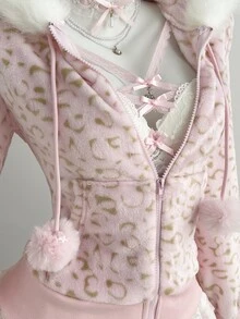 Elamini Allover Print Fuzzy Trim Hooded Jacket - Pink - View 5