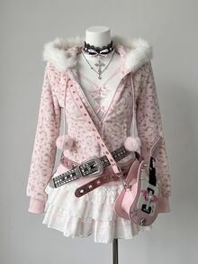Elamini Allover Print Fuzzy Trim Hooded Jacket - Pink - View 3