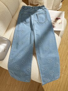 女童夏季新款花卉刺繡時尚腰部設計寬鬆寬腿牛仔褲 休閒百搭簡約直筒水洗中藍色舒適柔軟棉質牛仔長褲 適合度假日常出行校園通勤派對節慶完美選擇 - 藍色 - 查看 2