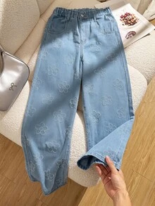 女童夏季新款花卉刺繡時尚腰部設計寬鬆寬腿牛仔褲 休閒百搭簡約直筒水洗中藍色舒適柔軟棉質牛仔長褲 適合度假日常出行校園通勤派對節慶完美選擇 - 藍色 - 查看 3