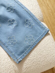 女童夏季新款花卉刺繡時尚腰部設計寬鬆寬腿牛仔褲 休閒百搭簡約直筒水洗中藍色舒適柔軟棉質牛仔長褲 適合度假日常出行校園通勤派對節慶完美選擇 - 藍色 - 查看 4