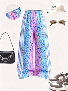 Tween Girls Y2K Macaron Sweet Cool Style Leopard Print Straight Leg Pants With Side Stripes, Colorful Leopard Print Pattern Long Pants, Rainbow Elastic Waist Sports Pants - Multicolor - View 4