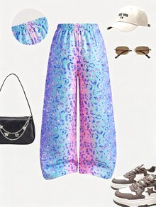 Tween Girls Y2K Macaron Sweet Cool Style Leopard Print Straight Leg Pants With Side Stripes, Colorful Leopard Print Pattern Long Pants, Rainbow Elastic Waist Sports Pants - Multicolor - View 2