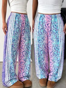 Tween Girls Y2K Macaron Sweet Cool Style Leopard Print Straight Leg Pants With Side Stripes, Colorful Leopard Print Pattern Long Pants, Rainbow Elastic Waist Sports Pants - Multicolor - View 3