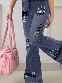 SHEIN Girlism 2 件套青少年女孩休闲宽松心形和脸涂鸦印花短袖圆领 T 恤和喇叭裤套装，适合夏季，适合居家、郊游、街拍、校园 - 彩色 - 查看 3