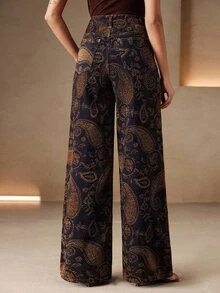 Anewsta Women's Flocked Paisley Jacquard Denim Jeans With Pockets - Blue - View 5