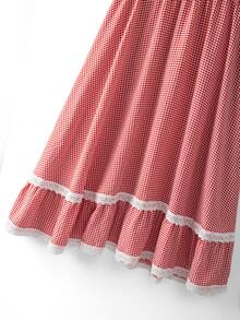 SHEIN Clasi Plus Size Vintage Country Style Pleated Red Plaid Patchwork Lace Hem Skirt, Summer Fall - Red - View 7