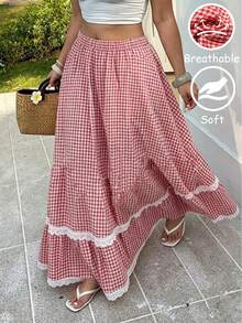 SHEIN Clasi Plus Size Vintage Country Style Pleated Red Plaid Patchwork Lace Hem Skirt, Summer Fall - Red - View 1