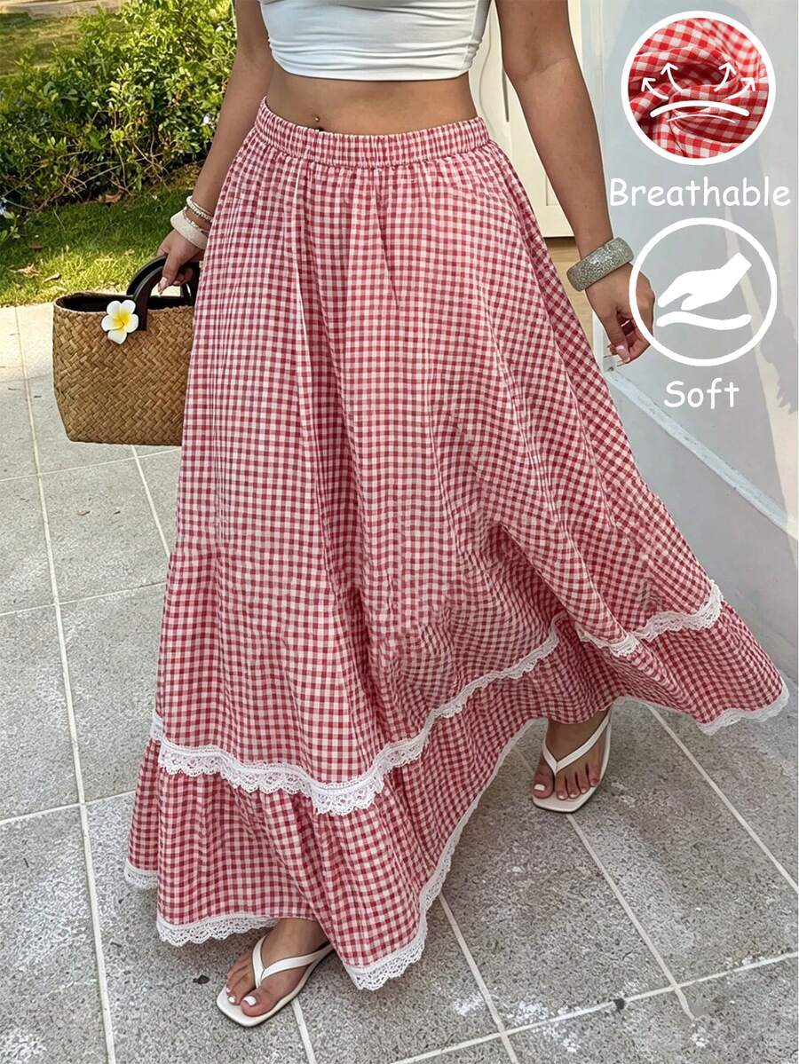 SHEIN Clasi Plus Size Vintage Country Style Pleated Red Plaid Patchwork Lace Hem Skirt, Summer Fall - Red - View 1