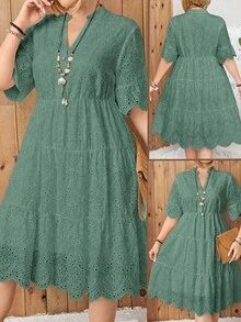 EMERY ROSE Vestido casual de talla grande de unicolor con bordado calado - Verde - Ver 2