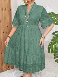 EMERY ROSE Vestido casual de talla grande de unicolor con bordado calado - Verde - Ver 7