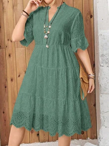 EMERY ROSE Vestido casual de talla grande de unicolor con bordado calado - Verde - Ver 4