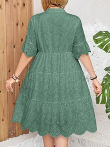 EMERY ROSE Vestido casual de talla grande de unicolor con bordado calado - Verde - Ver 3