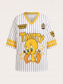 Slaydiva LOONEY TUNES X SHEIN 休閒極簡字母與數字圖案女款T恤，適合夏季 - 彩色 - 查看 6