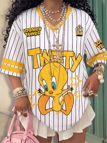 Slaydiva LOONEY TUNES X SHEIN 休閒極簡字母與數字圖案女款T恤，適合夏季 - 彩色 - 查看 1