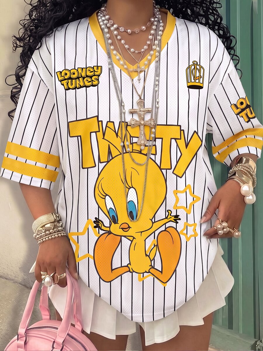 Slaydiva LOONEY TUNES X SHEIN 休閒極簡字母與數字圖案女款T恤,適合夏季 - 彩色 - 查看 1