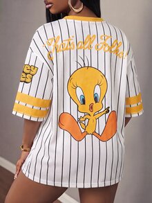 Slaydiva LOONEY TUNES X SHEIN 休閒極簡字母與數字圖案女款T恤，適合夏季 - 彩色 - 查看 2