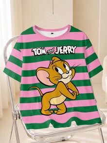 TOM & JERRY X SHEIN Plus Size Contrast Striped & Cartoon Letter Graphic Tee - White - View 1