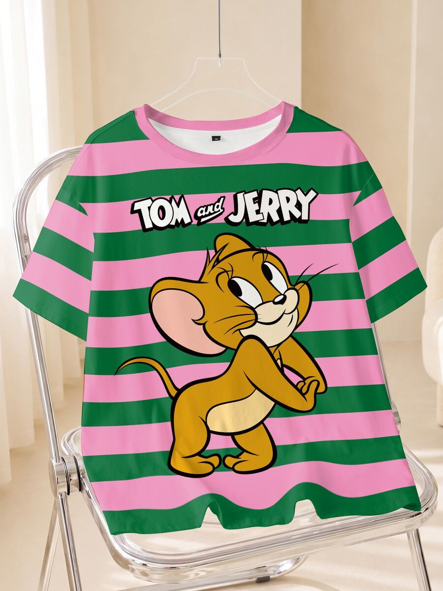 TOM & JERRY X SHEIN Plus Size Contrast Striped & Cartoon Letter Graphic Tee - White - View 1