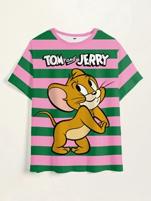 TOM & JERRY X SHEIN Plus Size Contrast Striped & Cartoon Letter Graphic Tee - White - View 3